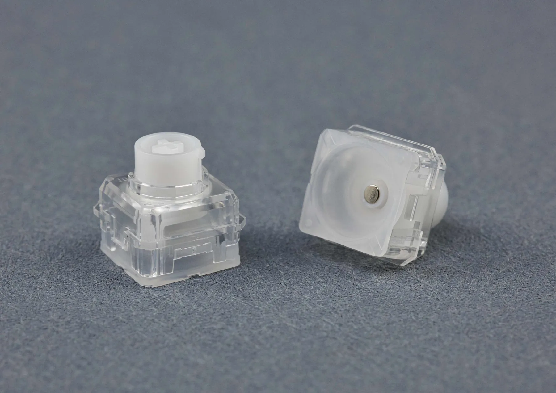 AEBoards Raeds HE RGB Switch, zwei transparente Switches mit weißem Stem, Oberseite und Unterseite mit Magnet