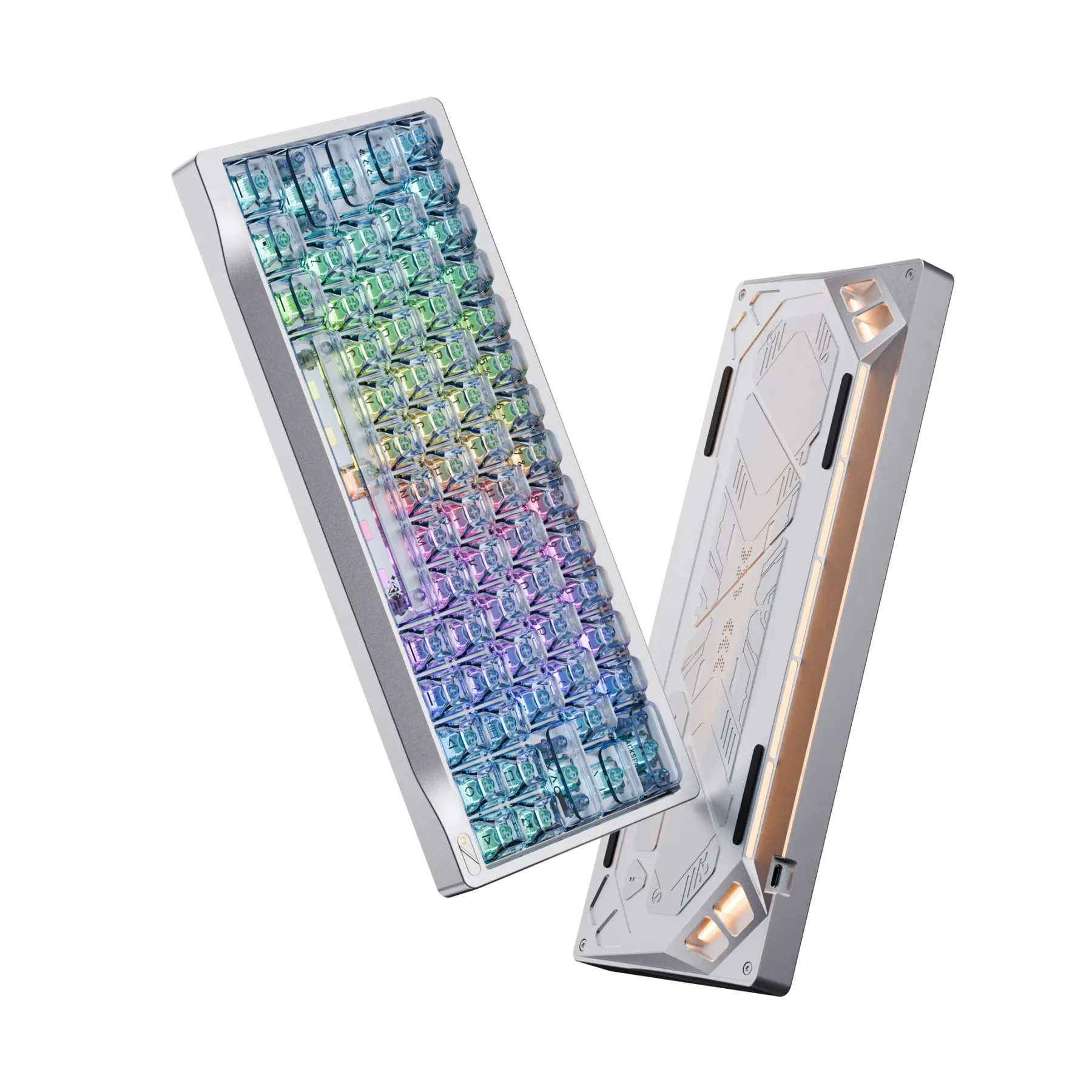 OZO Keyboards SF60 Diamond Edition mechanical keyboard with iridescent keycaps and metallic silver chassis