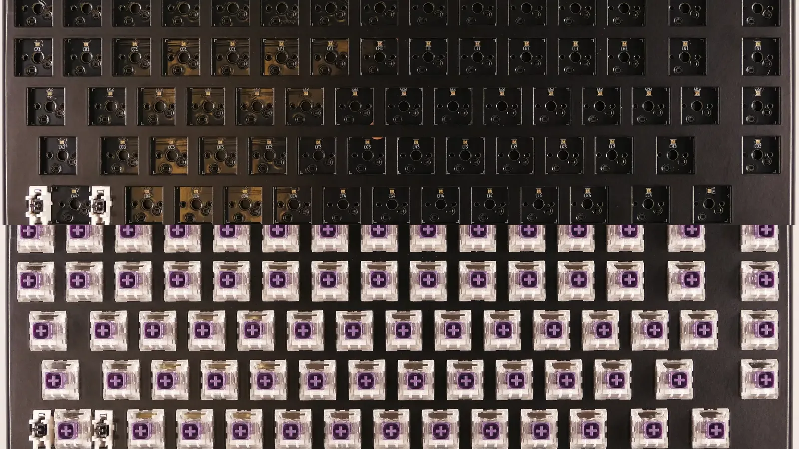 Custom keyboard chassis shown before and after its switches are installed