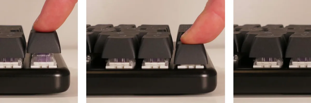 Three-frame sequence showing a keycap pressed straight onto a mechanical switch