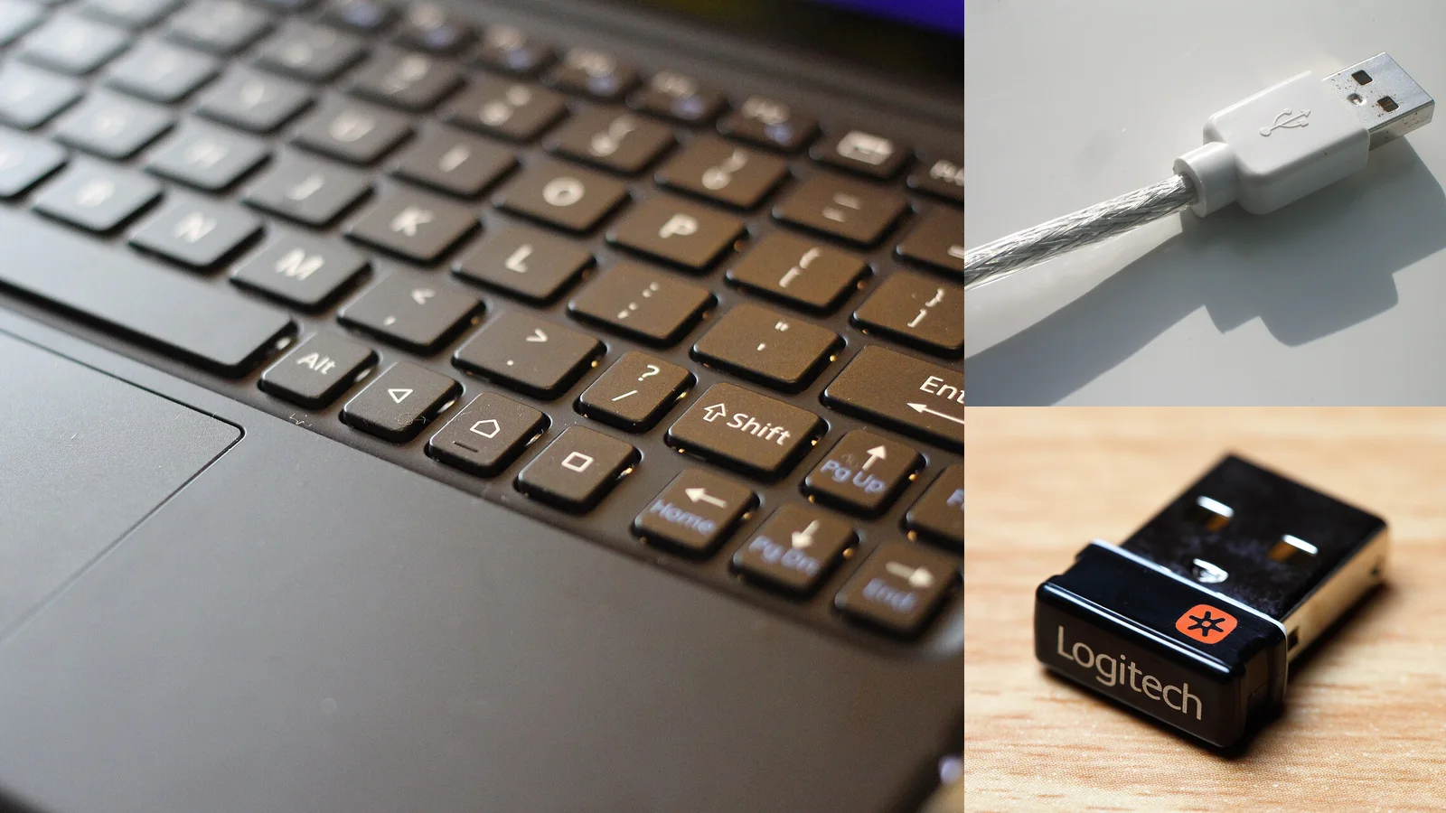 Bluetooth keyboard, USB cable, and wireless receiver shown side by side