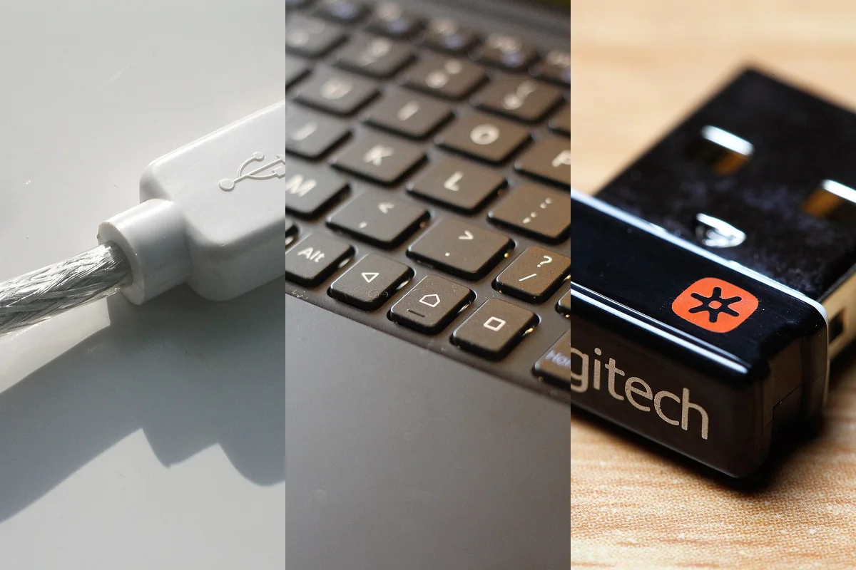 Wired USB keyboard beside Bluetooth and 2.4 GHz wireless setups