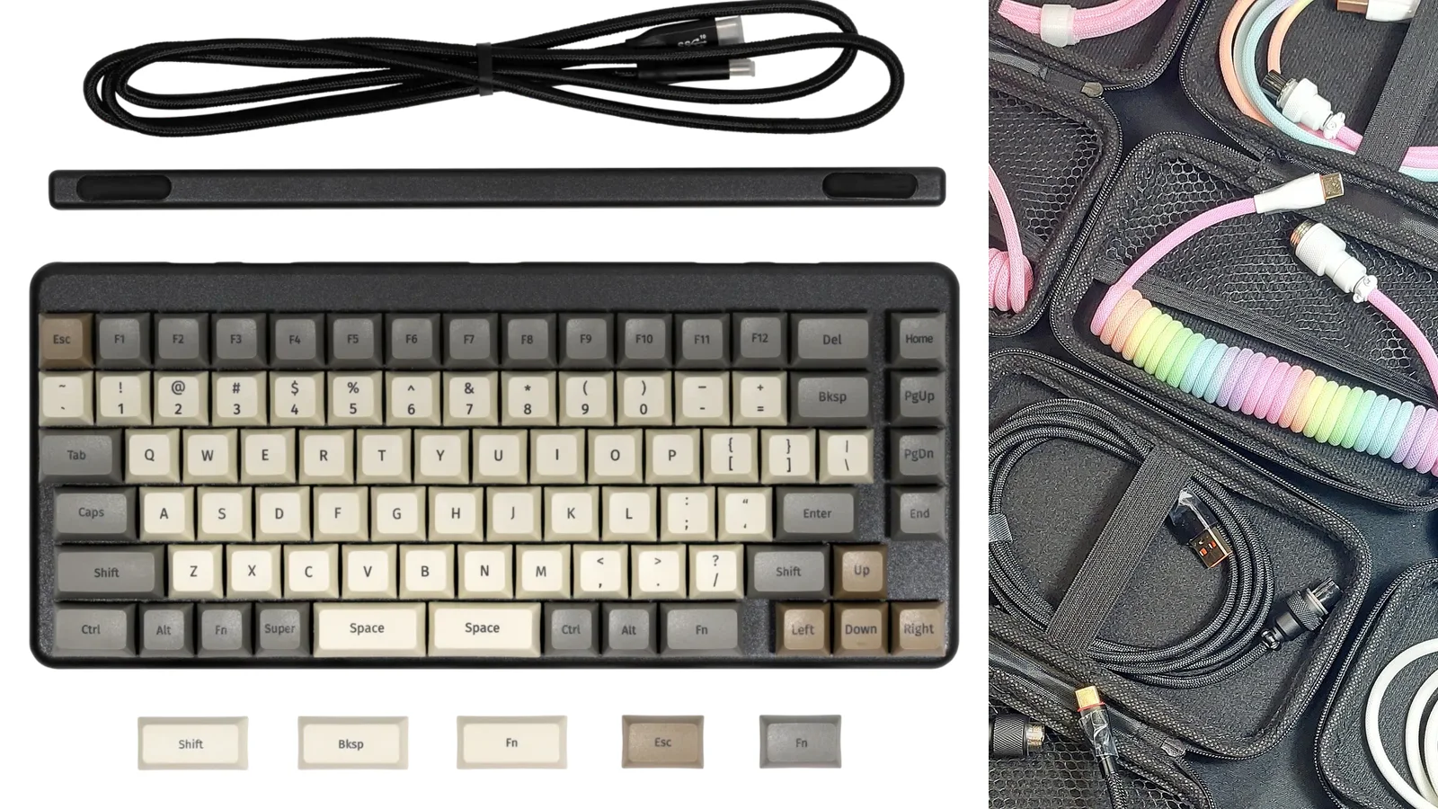 Keyboard tools, spare parts, and coiled cables arranged as an accessory kit
