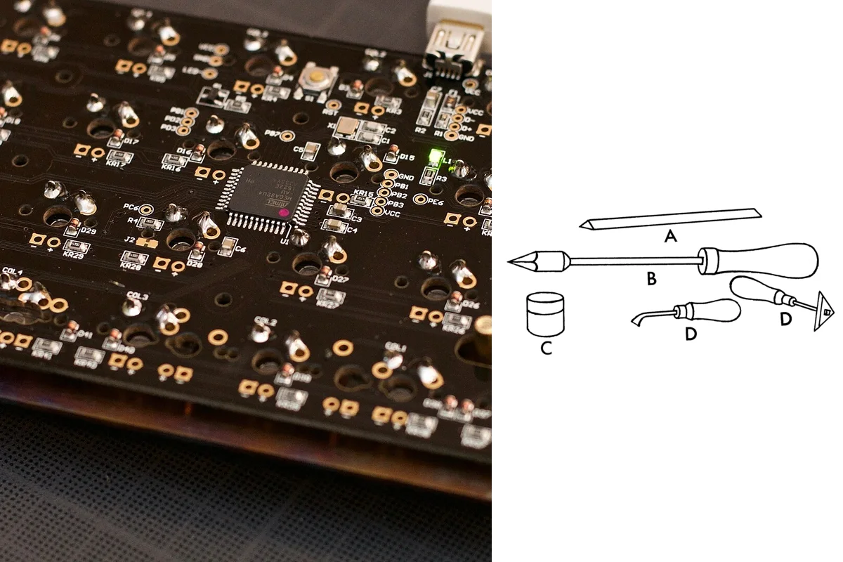 Soldered keyboard PCB beside basic soldering tools for advanced work