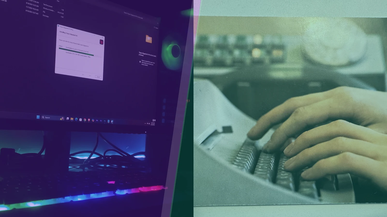 Split view of an RGB gaming setup and hands typing on a keyboard