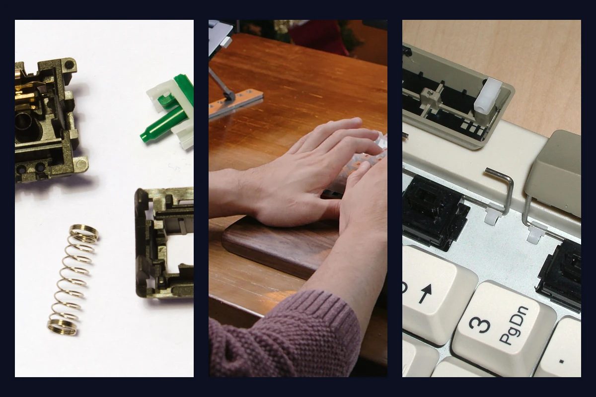 Triptych showing a disassembled mechanical switch, hands typing on a mechanical keyboard, and stabilizers beneath large keys