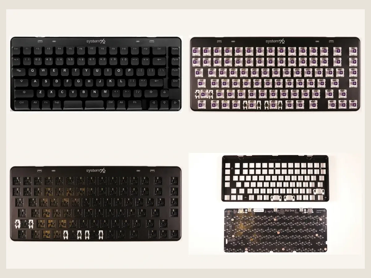 Four-stage keyboard disassembly showing the finished board, switches, plate and case, then the separated PCB