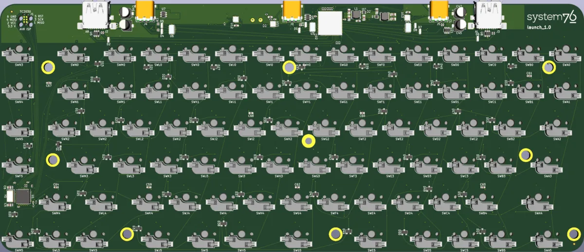 Keyboard PCB with controller, USB connector, hot-swap sockets, and switch positions highlighted