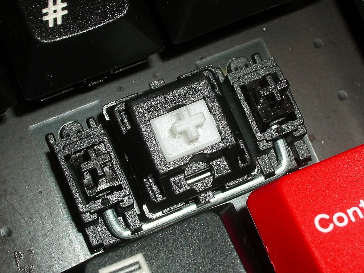 Close-up of a mechanical switch and a large-key stabilizer showing the parts that control feel and rattle