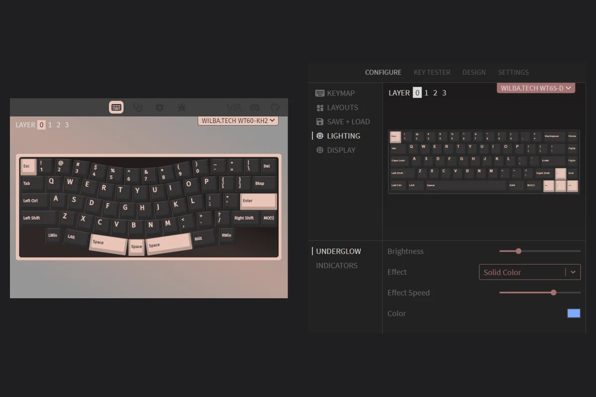 Official VIA keymap and lighting screens showing selectable layers and board controls