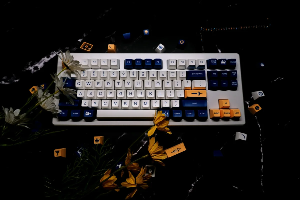 A complete double-shot ABS keycap set with tall sculpted SA-profile rows