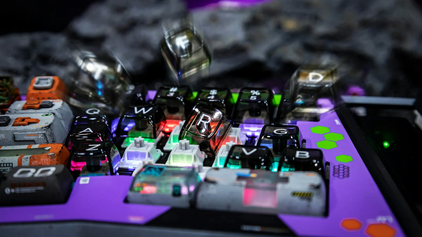 Close-up view across the rows of a mechanical keyboard
