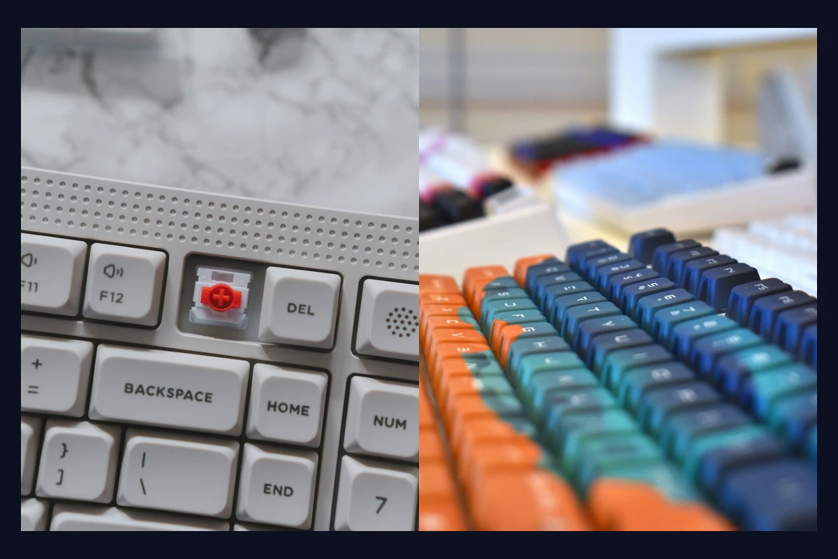 Side-by-side photographs of an exposed mechanical switch and colorful keycap sets for customization