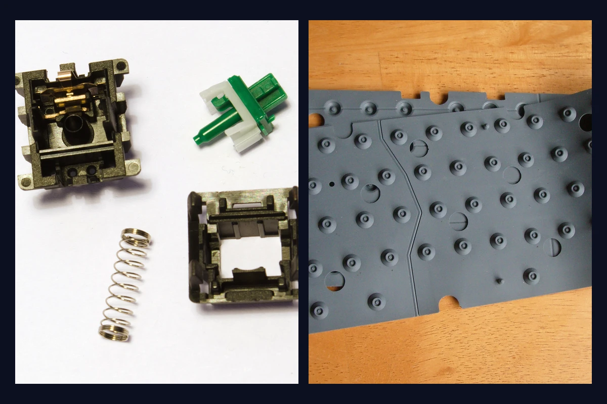 Side-by-side photographs of disassembled mechanical switch parts and a shared rubber-dome keyboard sheet